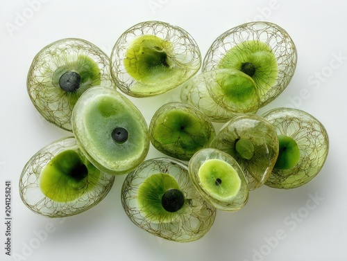 Abstract Green Organic Shapes with Dark Centers on White Background.