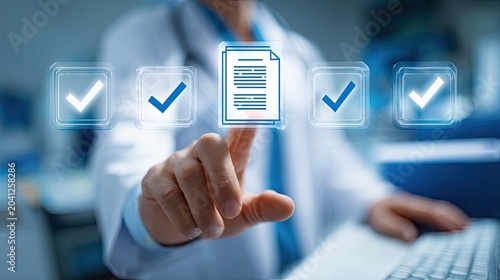 Doctor Approving Medical Document with Digital Checkmarks.