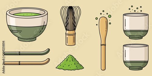 Traditional matcha tea set with whisk, bowl, scoop, and cups on a beige background, Japanese tea ceremony elements.