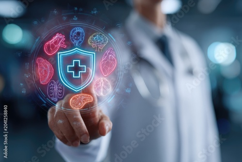 Doctor Interacting with Futuristic Medical Hologram Displaying Organ Health and Protection Shield.