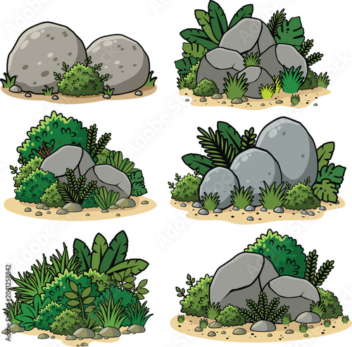 Foto Collection of cartoon game rock and bush vector sets