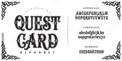 Quadro su tela Quest Card gothic vintage display font with ornate textured lines vector illustr