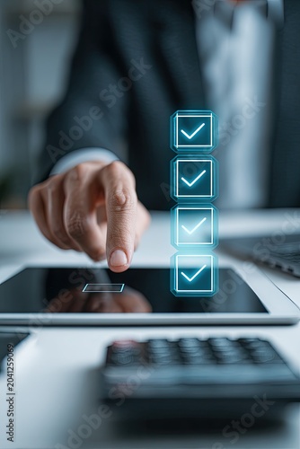 Business Professional Completing Digital Checklist on Tablet with Glowing Checkmarks.
