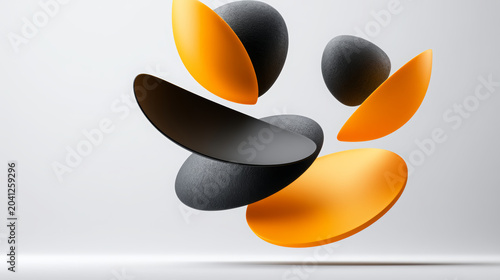 Abstract 3d composition showing floating dark gray textured stones and glossy orange smooth shapes in a balanced, minimalist arrangement on a clean background
