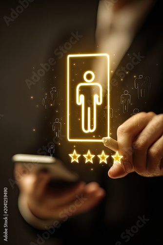 Customer feedback and rating system with glowing icon and stars.