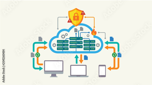 Cloud computing security network data transfer illustration showing servers and user devices with a protective shield