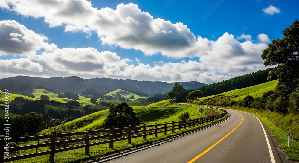 Fototapeta premium Winding road surrounded by green hills under blue sky, scenic landscape view, rural countryside environment