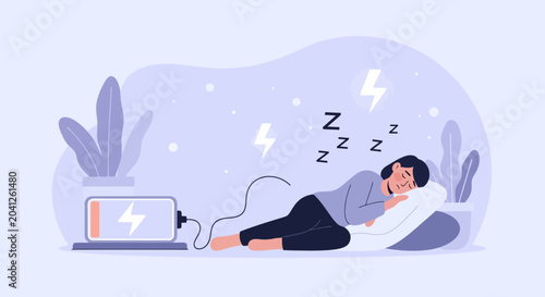 Vector illustration of a sleeping person recharging like a low battery