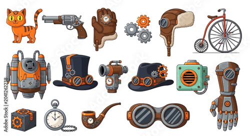 Fotografie Steampunk icons, 20 steampunk elements, vintage science fiction symbols, orange