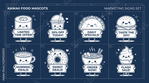 Fotografia Kawaii Food Mascots Marketing Signs Set - Business Promotions