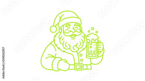 Bild auf Leinwand Santa Claus holding a beer mug, Christmas holiday drink celebration, outline ill