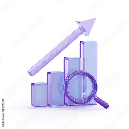3D Bar Chart with Magnifying Glass and Upward Arrow Illustrating Growth.