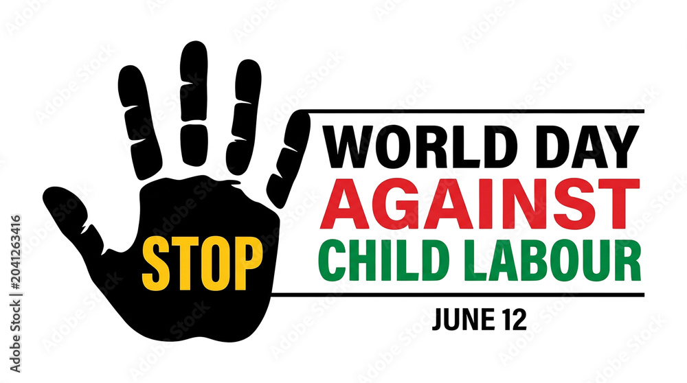 Obraz premium World Day Against Child Labour banner, stop child labor protest sign, June 12 awareness poster with hand print