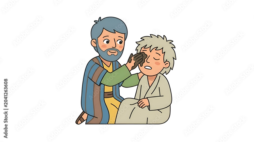 Fototapeta premium Illustration of a bearded man applying mud to the eyes of a young boy in a historical robe setting on a plain white background