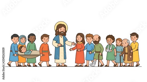 Illustration of Jesus Christ surrounded by a diverse group of people including children and individuals with injuries or disabilities