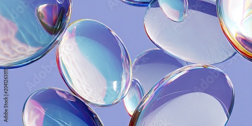 Abstract iridescent liquid blobs floating on a pastel purple background.