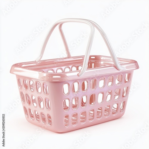 Pink Plastic Shopping Basket with White Handle.