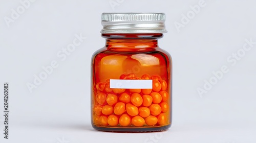 Amber Glass Bottle Filled with Orange Pills and Silver Cap.