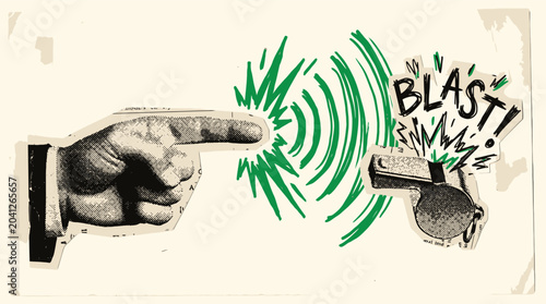 Tableau sur toile Vintage whistle blower illustration, retro hand pointing at loud whistle with gr