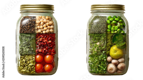Two glass jars containing various dry grains seeds herbs and fresh produce in a segmented arrangement isolated on transparent background for healthy cooking and culinary ingredient storage