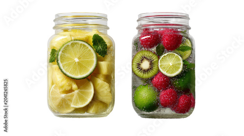 Two glass mason jars filled with fresh fruit infused water and ice isolated on transparent background featuring top view composition for healthy hydration and summer beverage marketing