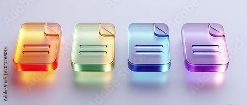 Four translucent glass document icons in different vibrant colors arranged in a row.
