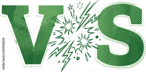 Photos Retro comic VS versus battle logo, green halftone pop art collision effect, vint