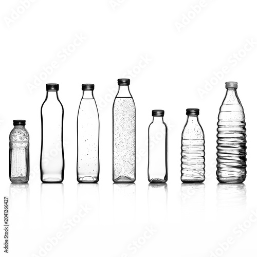 Collection of plastic and glass water bottles in various shapes and sizes on white background