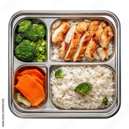 Stainless steel bento box featuring sliced grilled chicken breast with white rice and fresh broccoli isolated on a transparent background for professional meal planning and healthy diet