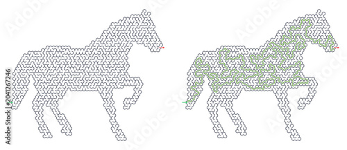 Outline of a horse with solved maze vector design  