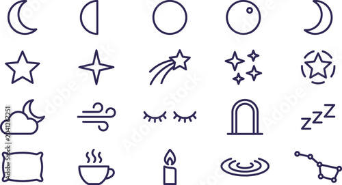 Tablou pe pânză Set of dark blue night theme vector icons featuring celestial bodies and cozy be
