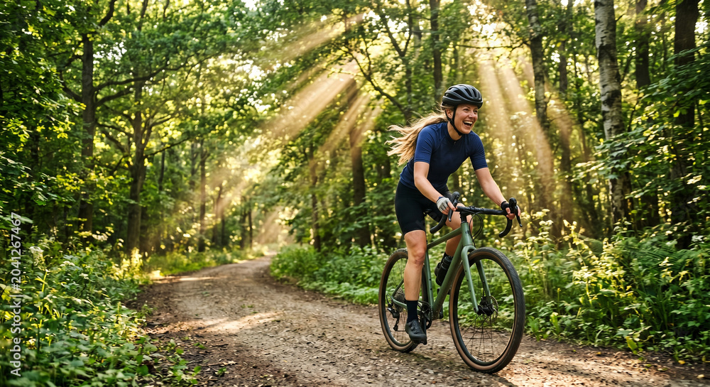 Naklejka premium A dynamic photograph of a person happily riding a bicycle along a tree-lined path in the summer. Sun rays breaking through the leaves. Free and energetic.