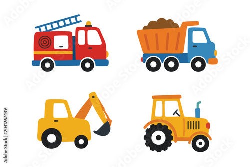 Cute construction vehicles and trucks vector illustration set