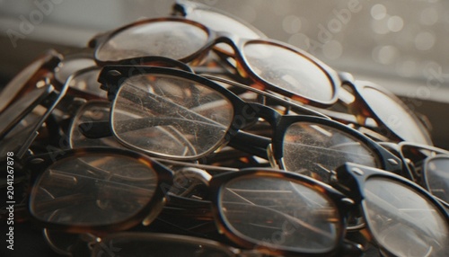 Fotografía A close-up pile of multiple pairs of vintage-style horn-rimmed eyeglasses with dusty lenses, showing a cluttered collection