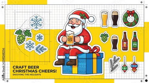 Schilderij op canvas Santa Claus with Craft Beer and Christmas Decorations, Holiday Cheers