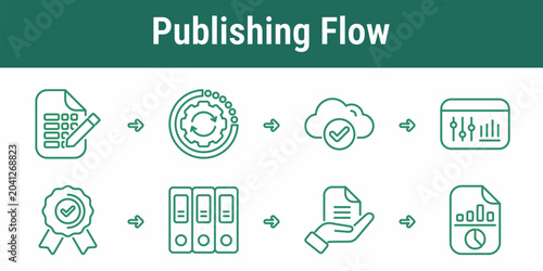 Fotografie Publishing flow workflow icons with document editing sync validation cloud appro
