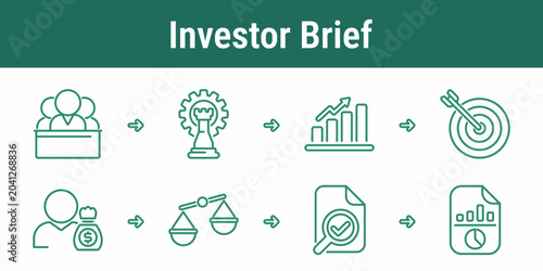 Investor brief workflow icons with stakeholder board strategy growth target finance ethics evidence review and report symbols for ISSB sustainability disclosure design