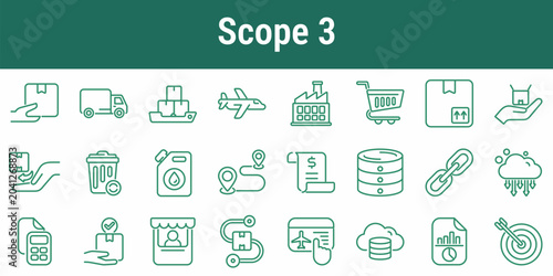 Scope three emissions line icons with logistics shipping procurement fuel waste travel supplier data cloud reports targets and calculators for ESG carbon accounting