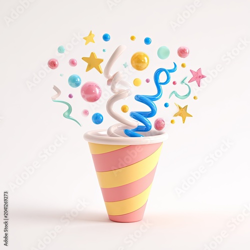 Whimsical Party Cup with Swirling Frosting and Confetti Explosion.