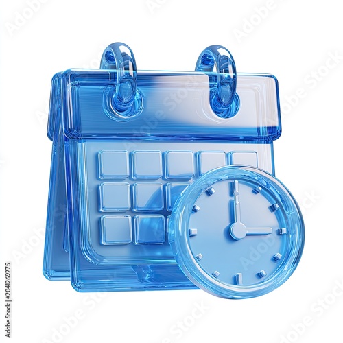 Transparent Blue Calendar and Clock Icon for Time Management.