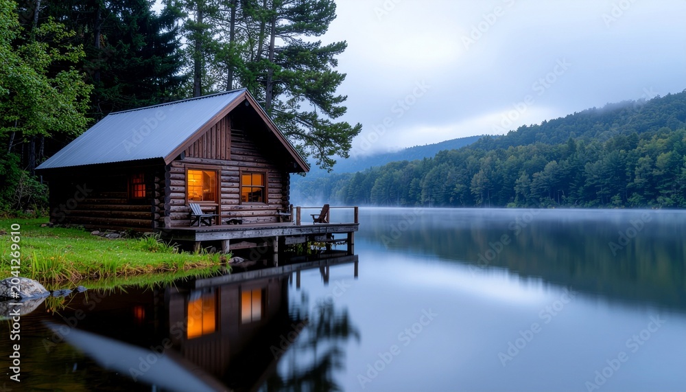 Fototapeta premium Cozy Log Cabin on Calm Lake at Misty Dawn