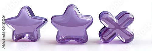 Three translucent purple glass shapes, two stars and one X, arranged on a white background.