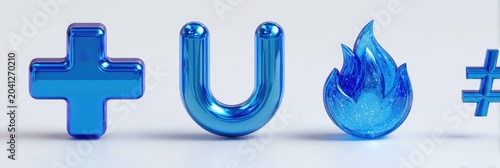 Three Dimensional Blue Symbols Plus U Flame Hashtag on White Background.