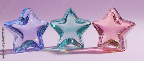 Three translucent star-shaped objects in pastel colors, blue, green, and pink, casting soft shadows on a light background.