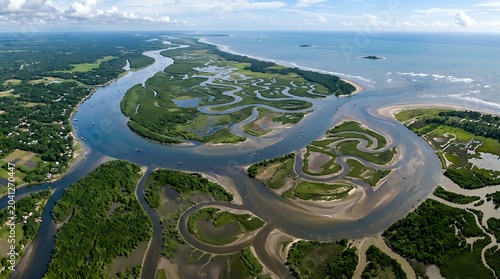 Aerial View of River Delta Meeting Ocean Serene Landscape