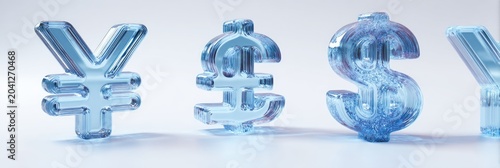 Crystal Currency Symbols - Yen, Dollar, and Euro on a White Background.