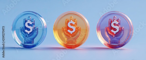 Three 3D rendered coins with dollar signs and hands on a light blue background.