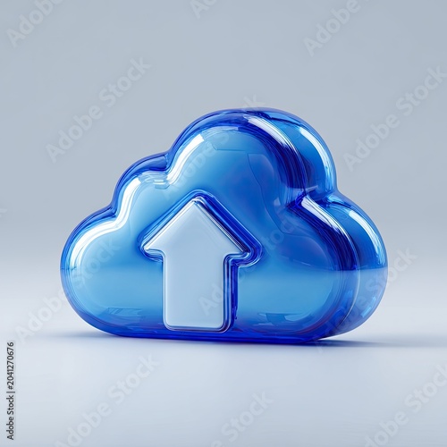Glossy Blue Cloud Icon with Upload Arrow Symbol.
