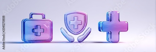 Three dimensional medical icons representing health and safety.