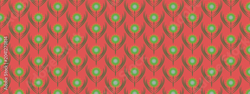 Fotografi Elegant seamless floral pattern featuring repeating green stylized flowers with elongated leaves arranged in a symmetrical geometric layout